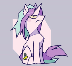 Size: 1625x1481 | Tagged: oc name needed, safe, artist:disaterror, oc, oc only, pony, unicorn, abstract background, ambiguous gender, frown, gray background, horn, not starlight glimmer, simple background, sitting, solo, unicorn oc