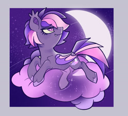 Size: 1794x1635 | Tagged: safe, artist:disaterror, oc, oc only, oc:midnight mist, bat pony, pony, cloud, crescent moon, female, lying down, mare, moon, night, on a cloud, prone, snaggletooth, solo, stars