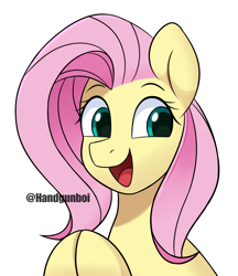 Size: 2700x3131 | Tagged: safe, artist:handgunboi, fluttershy, pegasus, pony, g4, bust, cute, high res, hooves together, open mouth, open smile, shyabetes, signature, simple background, smiling, solo, white background