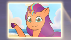 Size: 3072x1727 | Tagged: safe, screencap, sunny starscout, earth pony, pony, g5, misty moves in, my little pony: tell your tale, spoiler:g5, spoiler:my little pony: tell your tale, beach, crystal brighthouse, female, mare, projector, smiling, solo