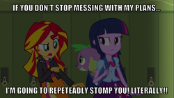 Size: 1067x600 | Tagged: safe, edit, edited screencap, editor:twi clown, screencap, spike, sunset shimmer, twilight sparkle, alicorn, dog, human, equestria girls, g4, my little pony equestria girls, abuse, backpack, caption, clothes, image macro, jacket, leather, leather jacket, lockers, misspelling, spike the dog, spikeabuse, text, threat, twilight sparkle (alicorn)