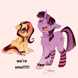 Size: 1000x1000 | Tagged: safe, artist:sotaiewe, fluttershy, twilight sparkle, pegasus, pony, unicorn, g4, clothes, duo, duo female, ear piercing, emo, emo twilight, emoshy, eyes closed, female, makeup, mare, meme, open mouth, piercing, raised hoof, socks, spiked wristband, striped socks, unicorn twilight, we're emo, wristband