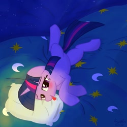 Size: 2048x2048 | Tagged: safe, artist:rayelli, twilight sparkle, pony, unicorn, g4, bed, belly, blushing, cute, female, floppy ears, high res, looking at you, lying down, mare, night, on side, show accurate, tongue out, twiabetes, unicorn twilight