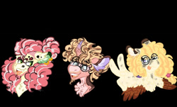Size: 1000x605 | Tagged: safe, artist:articmadrigal, li'l cheese, oc, oc:banana cream pie, oc:smart cookie, pony, g4, the last problem, black background, bust, female, glasses, male, mare, offspring, parent:cheese sandwich, parent:pinkie pie, parents:cheesepie, peace sign, siblings, simple background, stallion, tongue out, trio, wing hands, wings