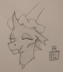 Size: 757x870 | Tagged: safe, artist:jargon scott, oc, oc only, oc:whore bug, changeling, changeling oc, disembodied hoof, eyes closed, female, grayscale, monochrome, offscreen character, pencil drawing, polishing, rag, smiling, solo, traditional art, wax
