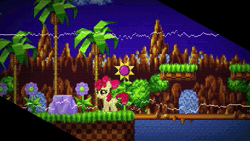Size: 1920x1080 | Tagged: safe, apple bloom, earth pony, pony, g4, animated, apple bloom's bow, blue sky, bow, female, filly, flower, foal, game, green hill zone, hair bow, music, palm tree, pixel art, platform, remix, rock, song, sonic the hedgehog (series), sound, spikes, sprite, tree, video, video game, video game crossover, webm