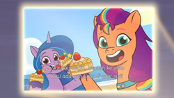 Size: 3072x1727 | Tagged: safe, screencap, izzy moonbow, sunny starscout, earth pony, pony, unicorn, g5, misty moves in, my little pony: tell your tale, spoiler:g5, spoiler:my little pony: tell your tale, spoiler:tyts01e65, beach, cake, crystal brighthouse, duo, duo female, eating, female, food, herbivore, indonesian, mare, open mouth, open smile, projector, puffy cheeks, smiling, subtitles