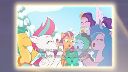 Size: 3072x1727 | Tagged: safe, screencap, hitch trailblazer, izzy moonbow, misty brightdawn, pipp petals, sparky sparkeroni, sunny starscout, zipp storm, dragon, earth pony, pegasus, pony, unicorn, g5, misty moves in, my little pony: tell your tale, spoiler:g5, spoiler:my little pony: tell your tale, spoiler:tyts01e65, :o, baby, baby dragon, cellphone, crystal brighthouse, eyes closed, female, flying, indonesian, male, mane five, mane six (g5), mare, open mouth, phone, projector, royal sisters (g5), siblings, sisters, smartphone, spread wings, stallion, subtitles, wings