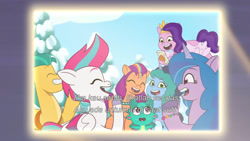 Size: 3072x1727 | Tagged: safe, screencap, hitch trailblazer, izzy moonbow, misty brightdawn, pipp petals, sparky sparkeroni, sunny starscout, zipp storm, dragon, earth pony, pegasus, pony, unicorn, g5, misty moves in, my little pony: tell your tale, spoiler:g5, spoiler:my little pony: tell your tale, spoiler:tyts01e65, baby, baby dragon, cellphone, crystal brighthouse, eyes closed, female, flying, grin, indonesian, male, mane five, mane six (g5), mare, open mouth, open smile, phone, projector, royal sisters (g5), siblings, sisters, smartphone, smiling, spread wings, stallion, subtitles, wings