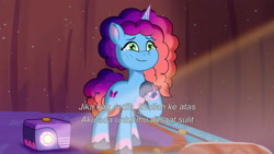 Size: 3072x1727 | Tagged: safe, screencap, misty brightdawn, pony, unicorn, g5, misty moves in, my little pony: tell your tale, spoiler:g5, spoiler:my little pony: tell your tale, spoiler:tyts01e65, crying, crystal brighthouse, female, indonesian, mare, projector, rebirth misty, smiling, solo, starry eyes, subtitles, tears of joy, wingding eyes