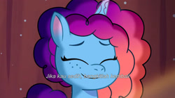 Size: 3072x1727 | Tagged: safe, screencap, misty brightdawn, pony, unicorn, g5, misty moves in, my little pony: tell your tale, spoiler:g5, spoiler:my little pony: tell your tale, spoiler:tyts01e65, crystal brighthouse, eyes closed, female, indonesian, mare, rebirth misty, smiling, solo, subtitles