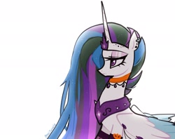 Size: 2048x1623 | Tagged: safe, artist:petaltwinkle, gameloft, princess celestia, alicorn, pony, g4, my little pony: magic princess, bust, ear piercing, earring, edgy celestia, female, gameloft interpretation, jewelry, lidded eyes, mare, peytral, piercing, profile, simple background, solo, spiked peytral, white background
