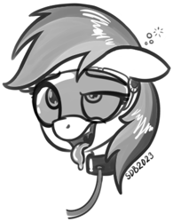 Size: 305x391 | Tagged: safe, artist:superderpybot, rainbow dash, pegasus, pony, g4, ahegao, brainwashed, brainwashing, collar, fetish, grayscale, hypnogear, hypnogoggles, hypnosis, leash, lowres, monochrome, open mouth, pet play, pet-dash, simple background, sketch, tongue out, uvula, white background