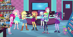Size: 1381x709 | Tagged: safe, edit, edited screencap, editor:incredibubbleirishguy, screencap, applejack, fluttershy, meal ticket, pinkie pie, rainbow dash, rarity, sci-twi, spike, spike the regular dog, sunset shimmer, twilight sparkle, dog, human, a fine line, equestria girls, g4, my little pony equestria girls: better together, ami, annie (little einsteins), boots, dora márquez, dora the explorer, dorothy and the wizard of oz, dorothy gale, female, humane five, humane seven, humane six, june (little einsteins), leo (little einsteins), little einsteins, male, poster, quincy (little einsteins), shoes, shop, store, the wizard of oz, thomas and friends, thomas the tank engine, video game, wilhelmina witch, yumi