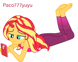 Size: 1342x1081 | Tagged: safe, artist:paco777yuyu, sunset shimmer, equestria girls, g4, barefoot, feet, feet up, female, foot focus, gymnastics, lying down, phone, simple background, soles, solo, sunset, the pose, transparent background