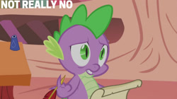 Size: 2000x1123 | Tagged: safe, edit, edited screencap, editor:quoterific, screencap, spike, dragon, feeling pinkie keen, g4, golden oaks library, gritted teeth, inkwell, male, quill, reaction image, scroll, solo, teeth