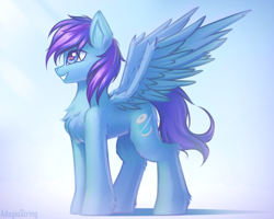Size: 2500x2000 | Tagged: safe, artist:adagiostring, oc, oc only, pegasus, pony, abstract, chest fluff, commission, digital art, full body, grin, happy, high res, leg fluff, male, pegasus oc, profile, smiling, solo, spread wings, stallion, standing, wings, ych result