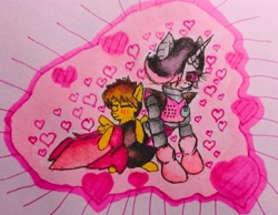 Size: 3165x2451 | Tagged: safe, artist:mettaton, pegasus, pony, robot, robot pony, unicorn, blush lines, blushing, breasts, clothes, curvy, cute, duo, duo male and female, ear fluff, eyes closed, female, foal, fringe, frisk, gloves, heart, high heels, high res, hug, lidded eyes, male, marker drawing, mettaton, mettaton ex, pink background, sexy, shoes, simple background, smiling, spread wings, stockings, thigh highs, traditional art, undertale, unshorn fetlocks, wings