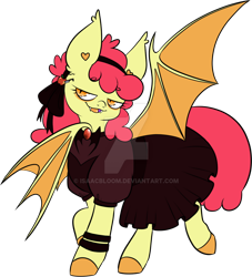 Size: 1024x1129 | Tagged: safe, artist:isaacbloom, apple bloom, bat pony, pony, vampire, g4, bat ponified, bloombat, clothes, deviantart watermark, dress, eyeliner, fangs, female, filly, foal, makeup, obtrusive watermark, race swap, simple background, solo, transparent background, watermark