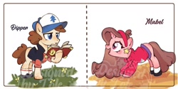 Size: 1600x800 | Tagged: safe, artist:lole, earth pony, pony, unicorn, book, clothes, dipper pines, female, filly, foal, gravity falls, hat, headband, mabel pines, ponified, siblings, text, twins, watermark