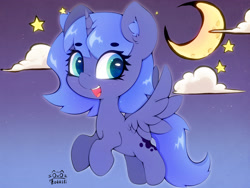 Size: 4000x3000 | Tagged: safe, artist:zokkili, princess luna, alicorn, pony, g4, beanbrows, cloud, crescent moon, cute, ear fluff, eyebrows, eyebrows visible through hair, female, filly, gradient background, high res, horn, looking at you, lunabetes, moon, open mouth, open smile, signature, smiling, smiling at you, solo, spread wings, stars, wings, woona, younger