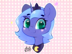 Size: 4000x3000 | Tagged: safe, artist:zokkili, princess luna, alicorn, pony, g4, abstract background, bust, cute, ear fluff, eyebrows, eyebrows visible through hair, female, heart, high res, horn, looking at you, lunabetes, portrait, s1 luna, signature, smiling, smiling at you, solo, sparkles, starry eyes, wingding eyes