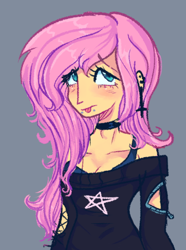 Size: 514x690 | Tagged: safe, artist:kreeeeeez, fluttershy, human, g4, bust, female, gray background, humanized, lip piercing, piercing, punk, simple background, snake bites, solo, tongue out
