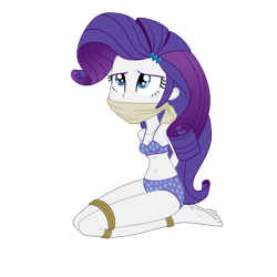 Size: 2000x2000 | Tagged: safe, artist:nie-martw-sie-o-mnie, rarity, human, equestria girls, g4, arm behind back, belly button, bondage, bound and gagged, breasts, cloth gag, clothes, damsel in distress, diamond print underwear, diamond underwear, female, gag, high res, kidnapped, kneeling, panties, rope, rope bondage, simple background, solo, tied up, transparent background, underwear