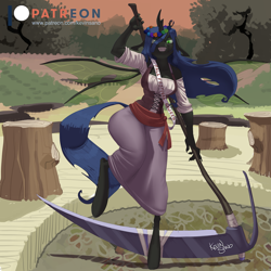 Size: 900x900 | Tagged: safe, artist:kevinsano, queen chrysalis, changeling, changeling queen, anthro, g4, breasts, cleavage, clothes, female, floral head wreath, flower, looking at you, scythe, smiling, smiling at you, solo, tree, tree stump, wide hips