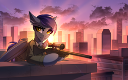 Size: 3962x2477 | Tagged: safe, artist:chamommile, oc, oc only, bat pony, original species, pegasus, pony, fallout equestria, ammunition, angry, armor, bat pony oc, bat wings, city, cityscape, clothes, colored wings, commission, ear fluff, full body, grey skin, gun, high res, looking at you, pegasus oc, ponytail, purple mane, rifle, short hair, sniper, solo, sun, two toned wings, uniform, weapon, wings, ych result, yellow eyes