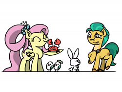 Size: 1800x1350 | Tagged: safe, artist:flutterluv, angel bunny, fluttershy, hitch trailblazer, kenneth, mcsnips-a-lot, bird, crab, earth pony, pegasus, pony, rabbit, seagull, g4, g5, animal, generation leap, generational ponidox, hitch and his 2nd heroine, older, older fluttershy, simple background, white background