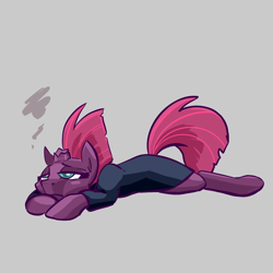 Size: 2048x2048 | Tagged: safe, artist:pfeffaroo, fizzlepop berrytwist, tempest shadow, pony, unicorn, g4, apathy, broken horn, clothes, female, gray background, high res, horn, lidded eyes, lying down, mare, prone, sad, simple background, solo, three quarter view, tired