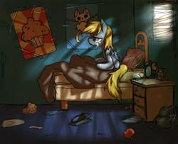 Size: 1600x1300 | Tagged: safe, artist:trazodoned, derpy hooves, pegasus, pony, g4, bag, bed, bedroom, crying, depressed, feels, female, hang in there, lonely, mailbag, mare, messenger bag, messy, morning ponies, poster, sad, satchel, solo