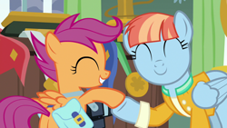 Size: 1280x720 | Tagged: safe, screencap, scootaloo, windy whistles, pegasus, pony, g4, parental glideance, ^^, bag, camera, cute, cutealoo, eyes closed, female, filly, foal, hoofbump, mare, saddle bag, smiling, windybetes