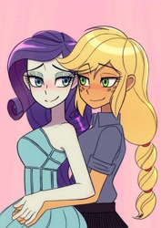 Size: 2894x4093 | Tagged: safe, artist:haibaratomoe, applejack, rarity, equestria girls, g4, blushing, clothes, cute, dress, duo, eyeshadow, female, freckles, holding hands, hug, jackabetes, lesbian, looking at each other, looking at someone, makeup, pink background, raribetes, ship:rarijack, shipping, shirt, simple background, skirt