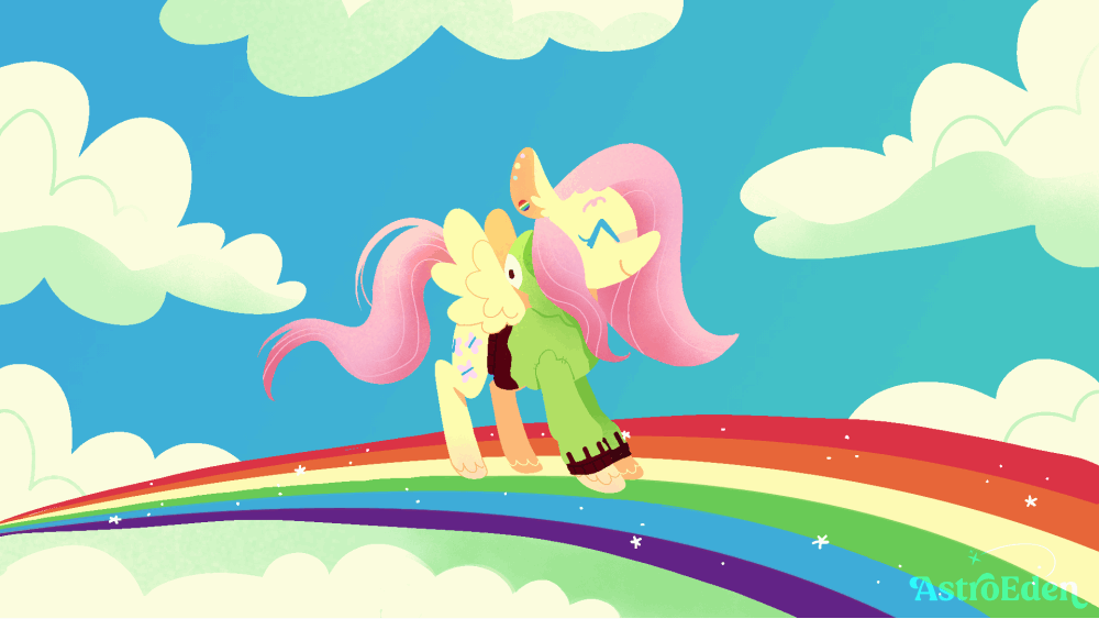 [animated,cloud,eyes closed,female,fluttershy,g4,gif,gir,mare,pegasus,pink fluffy unicorns dancing on rainbows,pony,prancing,rainbow,safe,signature,solo,sparkles,wings,frame by frame,smiling,spread wings,vylet pony,fluttgirshy,antonymph,artist:astroeden]
