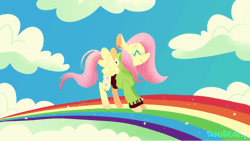 Size: 1000x563 | Tagged: safe, artist:astroeden, fluttershy, pegasus, pony, antonymph, cutiemarks (and the things that bind us), pink fluffy unicorns dancing on rainbows, vylet pony, g4, animated, cloud, eyes closed, female, fluttgirshy, frame by frame, gif, gir, invader zim, mare, prancing, rainbow, signature, smiling, solo, sparkles, spread wings, wings