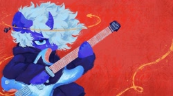 Size: 2500x1395 | Tagged: safe, artist:astroeden, oc, oc only, oc:can opener, fish, pony, unicorn, fish whisperer, alexandre cabanel, clothes, cross, crying, curved horn, electric guitar, fallen angel, fine art parody, freckles, guitar, hair over one eye, halo, hoodie, horn, inverted cross, magic, musical instrument, red background, simple background, solo, song art, teary eyes, vylet pony