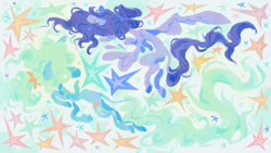 Size: 2500x1406 | Tagged: safe, artist:astroeden, oc, oc only, oc:astro, oc:vylet, pegasus, pony, fish whisperer, duo, duo female, female, floating, flowing mane, flowing tail, lesbian, mare, oc x oc, ship:astrovylet, shipping, simple background, song art, stars, tail, vylet pony, white background