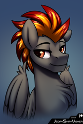 Size: 2000x3000 | Tagged: safe, artist:jedayskayvoker, oc, oc:explosivepone, pegasus, pony, bust, chest fluff, folded wings, gradient background, high res, icon, looking at you, male, patreon, patreon reward, pegasus oc, portrait, raised eyebrows, solo, stallion, torn ear, wing fluff, wings