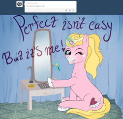 Size: 1280x1240 | Tagged: safe, artist:jillspencil, oc, oc:questrapolia, pony, unicorn, ask-questrapolia, cats don't dance, darla dimple, female, magic, mare, solo