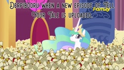 Size: 1280x720 | Tagged: safe, edit, edited screencap, screencap, princess celestia, alicorn, pony, derpibooru, 28 pranks later, g4, my little pony: tell your tale, season 6, adorable distress, big ol' pile o' scrolls, caption, crown, cute, cutelestia, discovery family, discovery family logo, ethereal mane, female, frown, implied g5, implied tell your tale, it keeps happening, jewelry, logo, looking at you, mare, meme, meta, op has a point, peytral, regalia, sad, scrollestia meme, solo, spam, text, this will end in tears and/or a journey to the moon, wide eyes