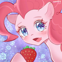 Size: 4000x4000 | Tagged: safe, artist:limastrawberry, pinkie pie, earth pony, pony, g4, female, food, purple background, simple background, solo, strawberry