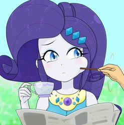 Size: 1915x1939 | Tagged: safe, artist:batipin, part of a set, applejack, rarity, human, equestria girls, g4, blushing, cheek squish, chubby cheeks, clothes, cup, cute, eyeshadow, female, food, hair, hairclip, makeup, misleading thumbnail, newspaper, offscreen character, pictogram, pocky, poking, raribetes, rarity is a marshmallow, rarity is not amused, rarity peplum dress, solo focus, squishy cheeks, teacup, teenager, touch, unamused