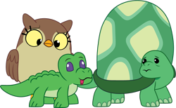 Size: 1026x631 | Tagged: safe, artist:prixy05, gummy, owlowiscious, tank, alligator, bird, owl, tortoise, g4, g5, my little pony: tell your tale, awwlowiscious, cute, g4 to g5, generation leap, gummybetes, simple background, tankabetes, transparent background, trio, vector