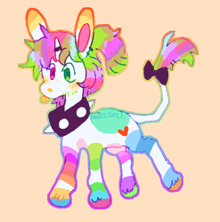 Size: 842x852 | Tagged: safe, artist:peskypawz, oc, oc only, oc:scrunchie, pony, unicorn, :p, big ears, bow, choker, colored hooves, ear piercing, earring, green eyes, heterochromia, horn, horn ring, jewelry, leonine tail, lightly watermarked, magenta eyes, mismatched hooves, orange background, piercing, ponytail, ring, scruff, simple background, solo, spiked choker, standing, tail, tail bow, tongue out, unicorn oc, watermark, yellow background