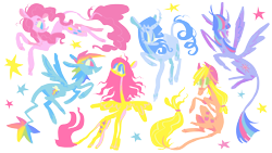 Size: 2500x1406 | Tagged: safe, alternate version, artist:astroeden, applejack, fluttershy, pinkie pie, rainbow dash, rarity, twilight sparkle, alicorn, earth pony, pegasus, pony, unicorn, g4, curved horn, female, floating, horn, leonine tail, lineless, mane six, mare, raised hoof, simple background, stars, tail, transparent background, twilight sparkle (alicorn), unshorn fetlocks