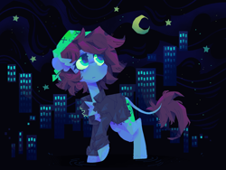 Size: 2500x1875 | Tagged: safe, artist:astroeden, oc, oc only, oc:neko, earth pony, pony, abstract background, clothes, commission, frown, hat, high res, jacket, leather, leather jacket, leonine tail, looking up, night, solo, tail
