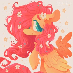 Size: 3002x3002 | Tagged: safe, artist:astroeden, fluttershy, pegasus, pony, g4, commission, female, flower, flower in hair, flower in tail, hair over one eye, high res, mare, one wing out, raised hoof, simple background, sitting, solo, tail, unshorn fetlocks, wings