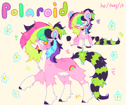 Size: 1200x1000 | Tagged: safe, artist:peskypawz, oc, oc only, oc:polaroid, earth pony, pony, belly fluff, chest fluff, coat markings, colored hooves, coontails, ear piercing, earring, earth pony oc, eyeshadow, facial hair, facial markings, flower, goatee, heart, jewelry, leg fluff, lidded eyes, looking at you, makeup, male, mealy mouth (coat marking), multicolored hair, open mouth, orange eyes, pale belly, piercing, ponytail, pronouns, rainbow hair, raised hoof, simple background, sitting, smiling, socks (coat markings), solo, sparkledog, stallion, stars, striped tail, tail, yellow background